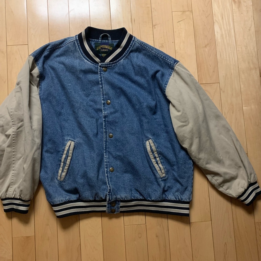 Bomber Varsity Jean Jacket. Tan sleeves. Size Large
